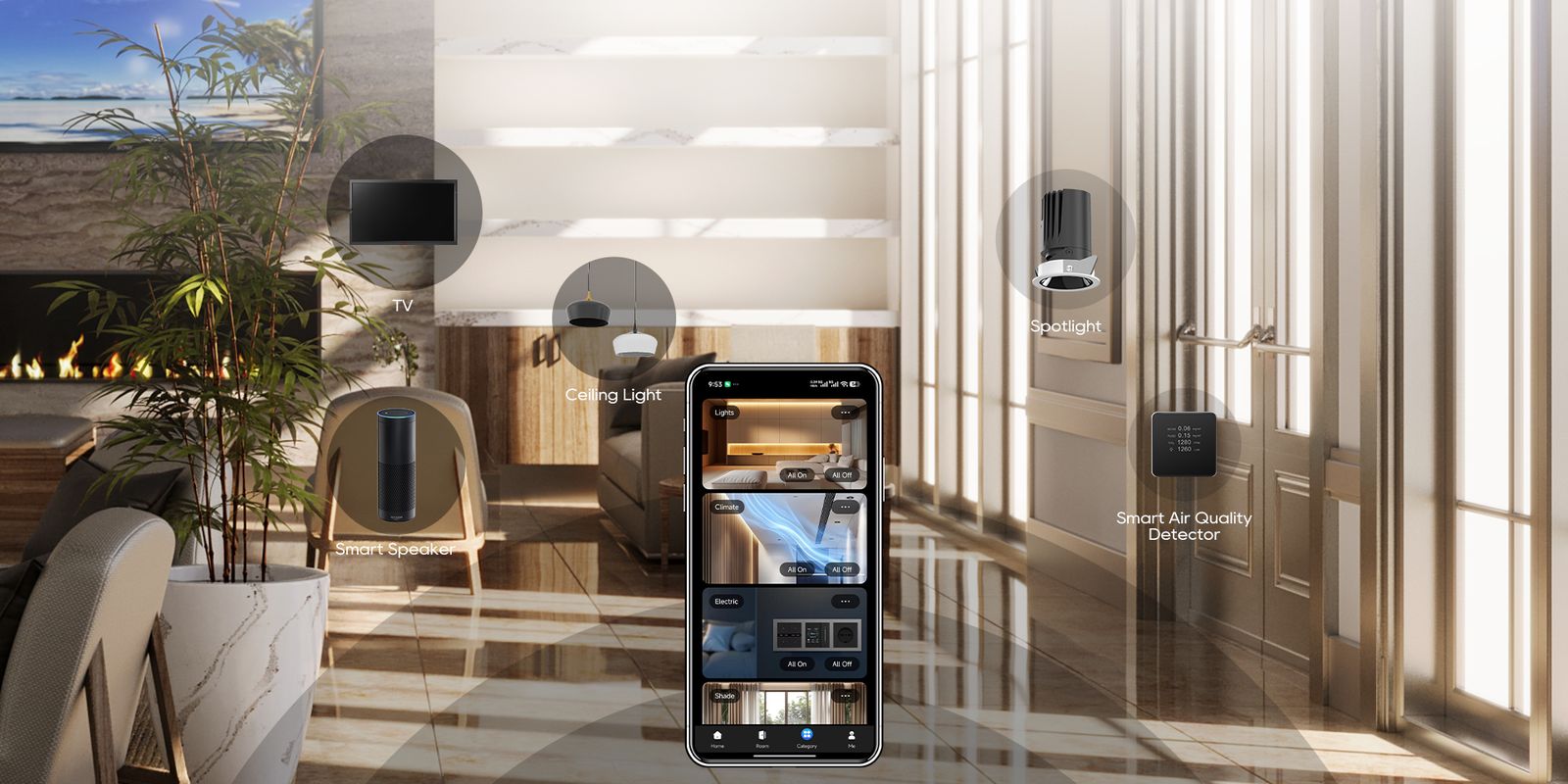 Ambiente con varios dispositivos y el celular mostrando el control por categorías
