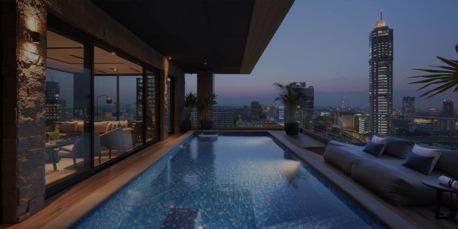 Casa de alto nivel con piscina y vista, iluminada al anochecer
